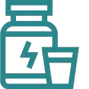 A teal icon showing a supplement bottle with a lightning bolt symbol and a glass of water beside it.