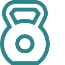 Outline of a kettlebell icon in dark lines on a teal background. The kettlebell has a circular body and a handle at the top.