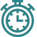 A teal stopwatch icon with a clock face showing the time as 3:00. The outer edge has two small bars at the top, representing stopwatch buttons.